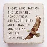 Decorative stone with an eagle illustration and Bible verse on a white background