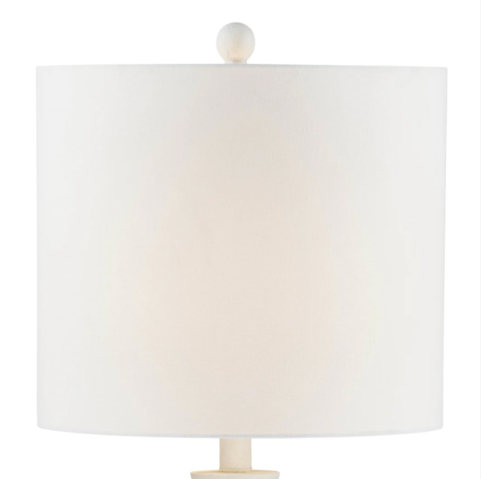White table lamp with a plain white shade on a white background