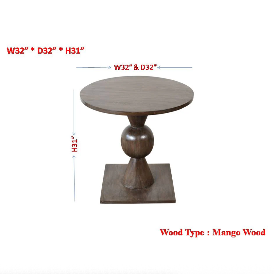 Wooden round table with dimensions and wood type label on a white background