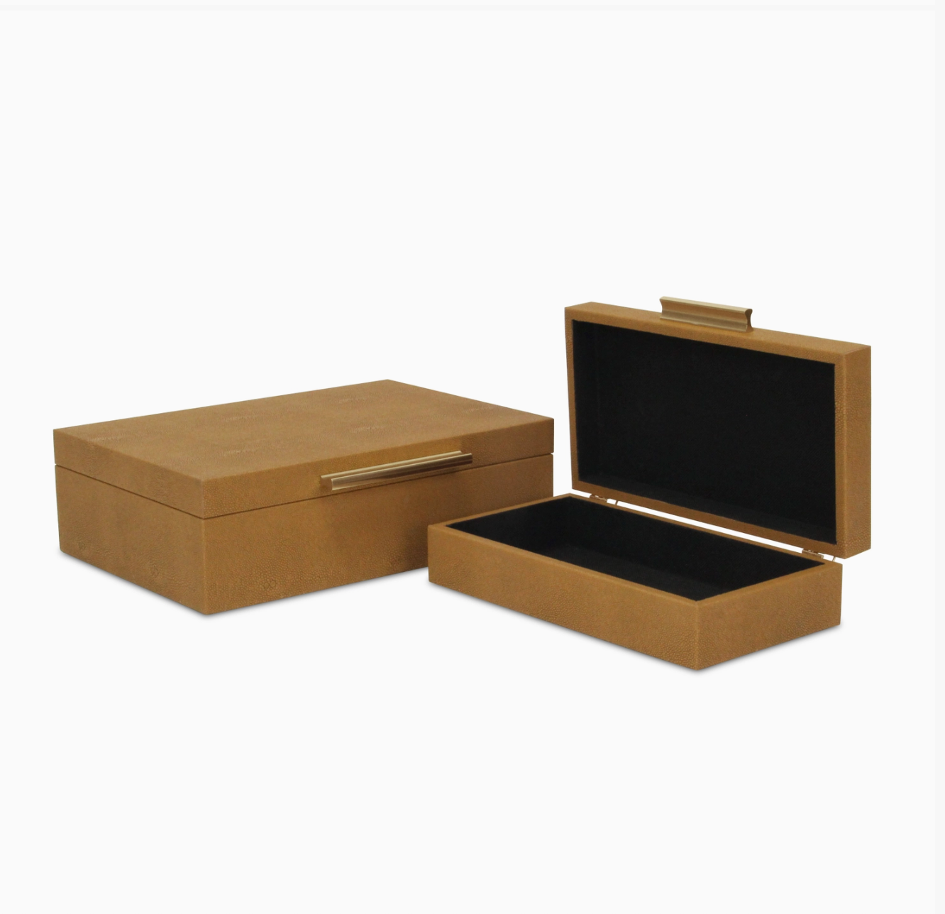 Two brown jewelry boxes with black interior on a white background
