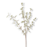 A single artificial eucalyptus branch with muted sage green leaves and brown stems, photographed against a clean white background.