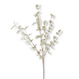 A single artificial eucalyptus branch with muted sage green leaves and brown stems, photographed against a clean white background.