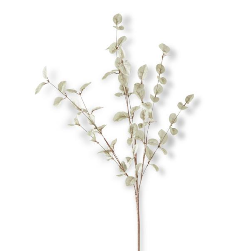 A single artificial eucalyptus branch with muted sage green leaves and brown stems, photographed against a clean white background.