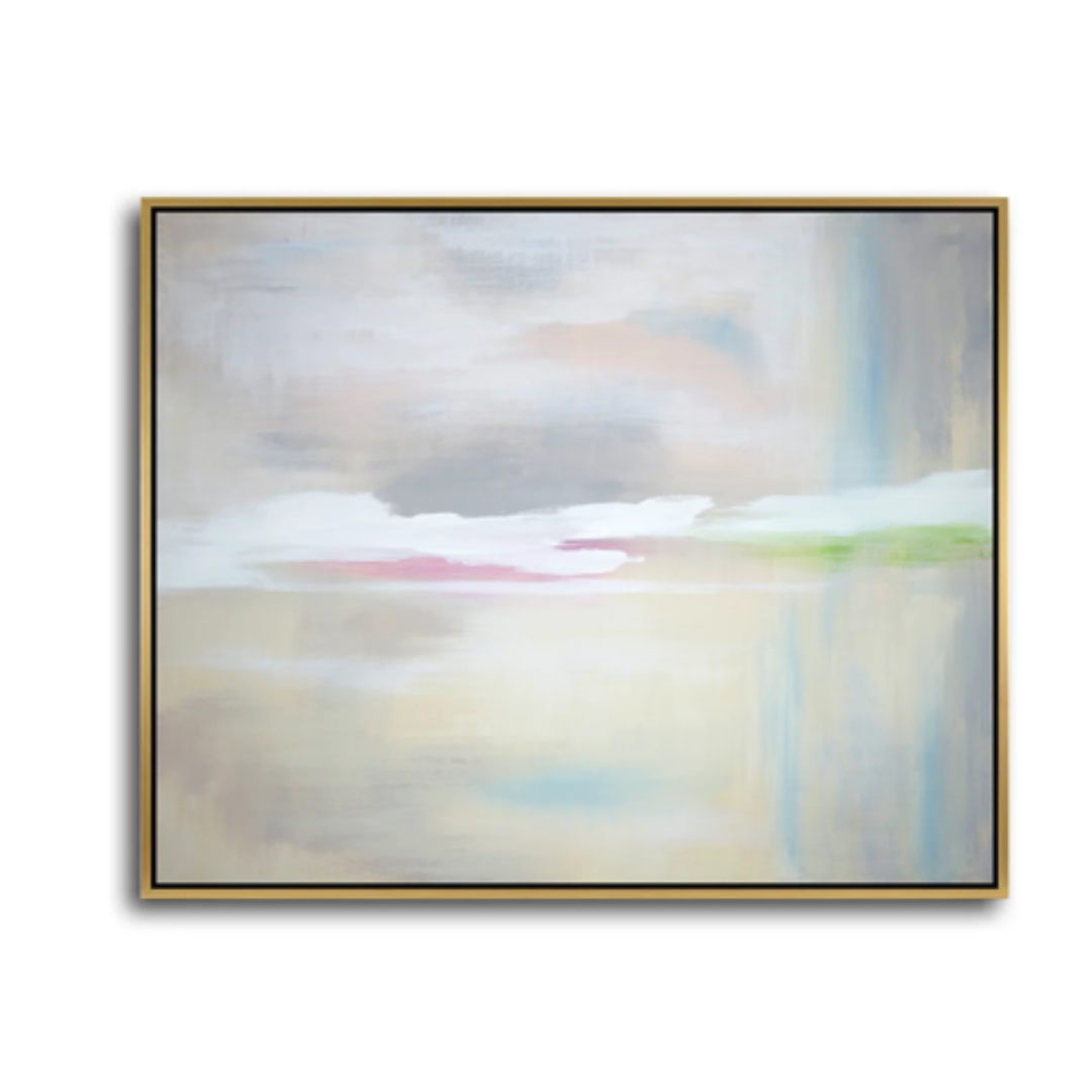 Hand-painted abstract artwork in soft pastel tones of blush, sand, blue, and white, resembling a tranquil horizon, framed in Laguna Gold, 42x52 inches.