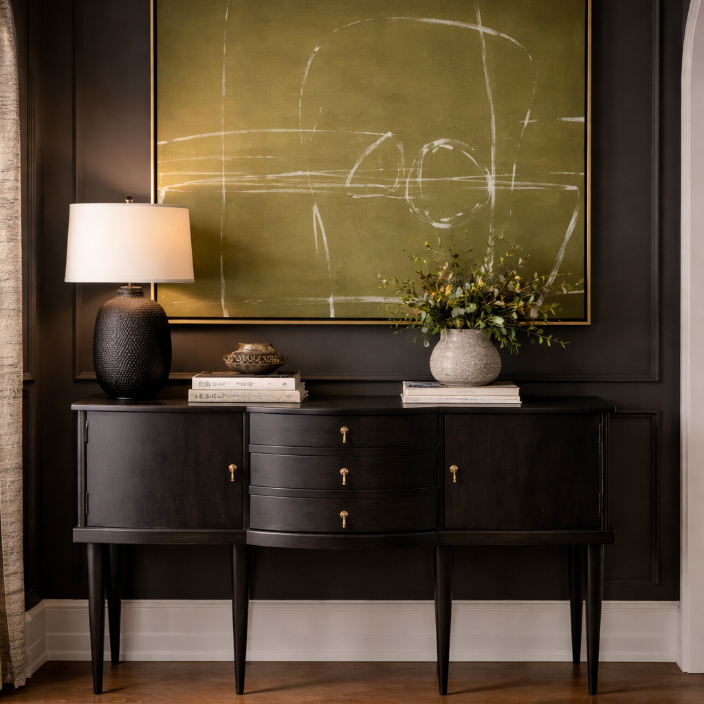 Dark wooden console table with decorative items against a dark wall with a large abstract painting.