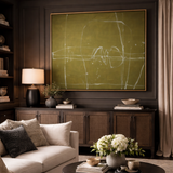 Living room with a beige sofa, dark wood coffee table, and a large abstract painting on the wall.