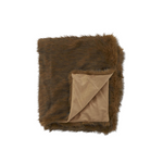 Brown faux fur throw blanket with beige interior on a white background