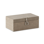 Beige storage box with a strap on a white background