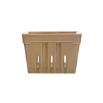 taupe rectangular berry basket with decorative cutouts on a white background