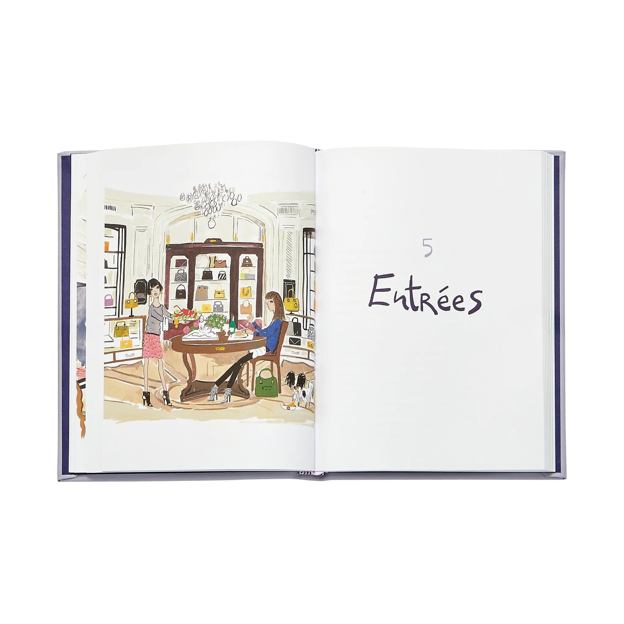Open  Bergdorf Goodman Cookbook book with a illustration of a couple at a table and the word 'Entrées'.