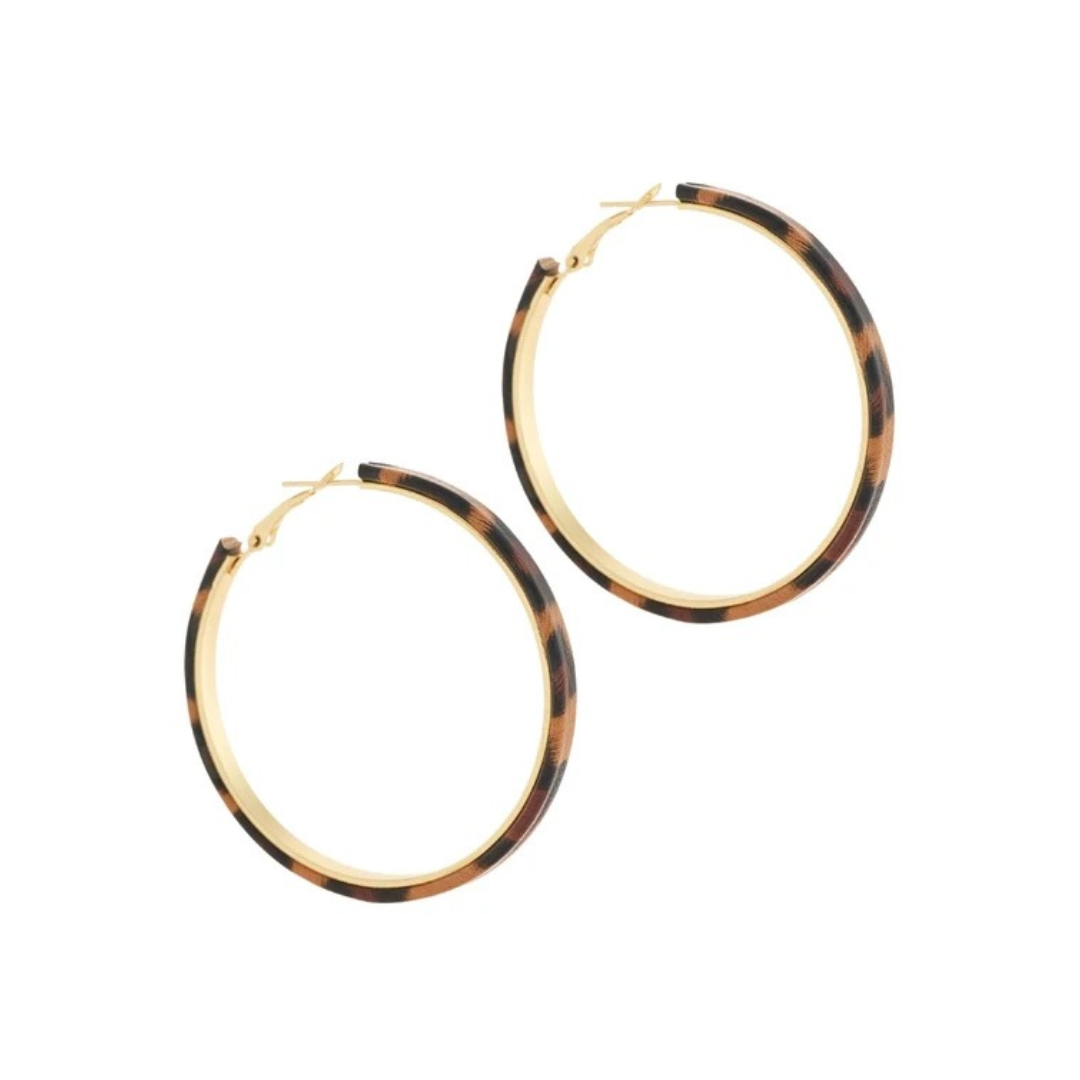 Patterned Leopard Leather Hoops on white background