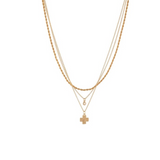 3 Layered Cross & Crystal Pendant Necklace on a white background