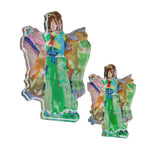 Two colorful angel figurines on a white background