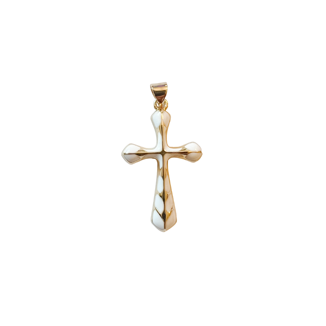 Gold cross pendant with white center on a white background