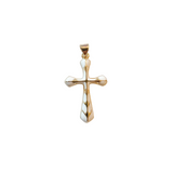 Gold cross pendant with white center on a white background