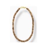 Necklace with brown beads and a gold clasp on a white background