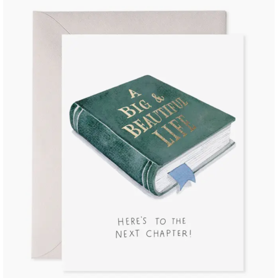 Book-shaped card with 'A Big Beautiful Life' text and 'Here's to the Next Chapter!' message.