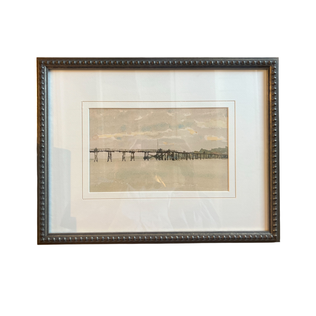 Framed artwork of a pier on a white background
