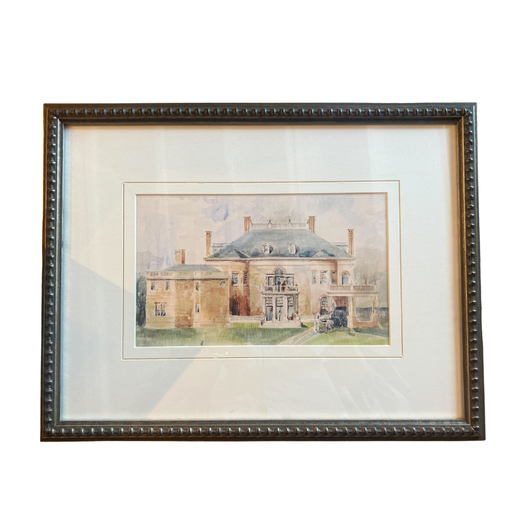 Framed artwork of a large house on a white background