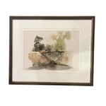 Framed watercolor painting of a landscape with trees and rocks on a white background