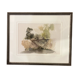 Framed watercolor painting of a landscape with trees and rocks on a white background