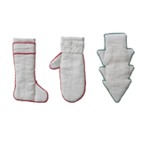 Set of white gloves with red trim on a white background