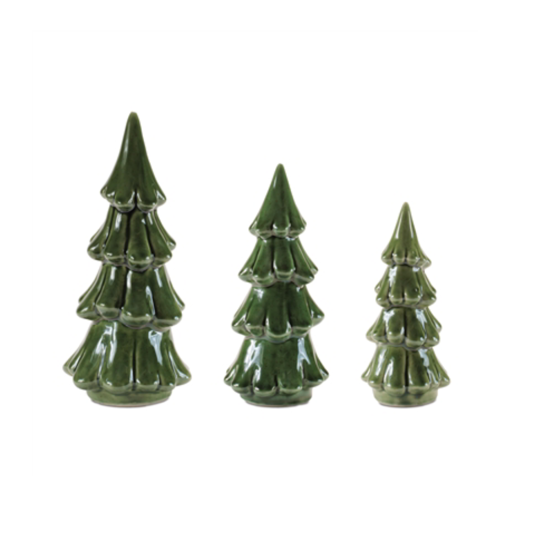 Three glossy green ceramic Christmas tree figurines in varying heights—7, 8.25, and 10.5 inches—designed for elegant holiday decorating.