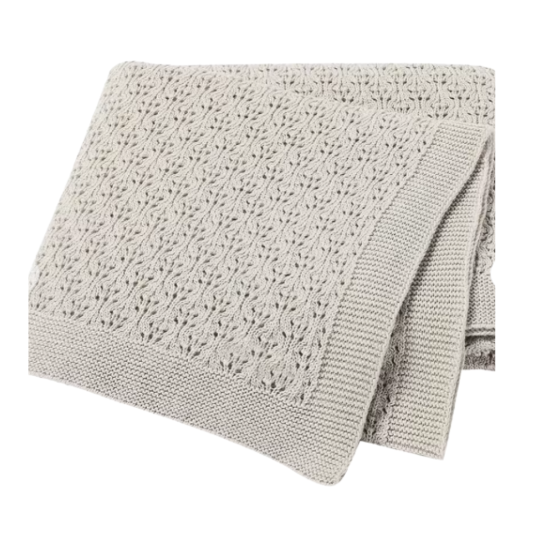 Light gray cotton knit baby blanket with a textured cable-style pattern and ribbed border, folded neatly on a white background.