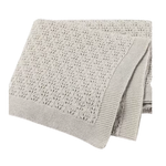 Light gray cotton knit baby blanket with a textured cable-style pattern and ribbed border, folded neatly on a white background.