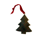 Christmas tree-shaped ornament with plaid pattern and red ribbon on a white background