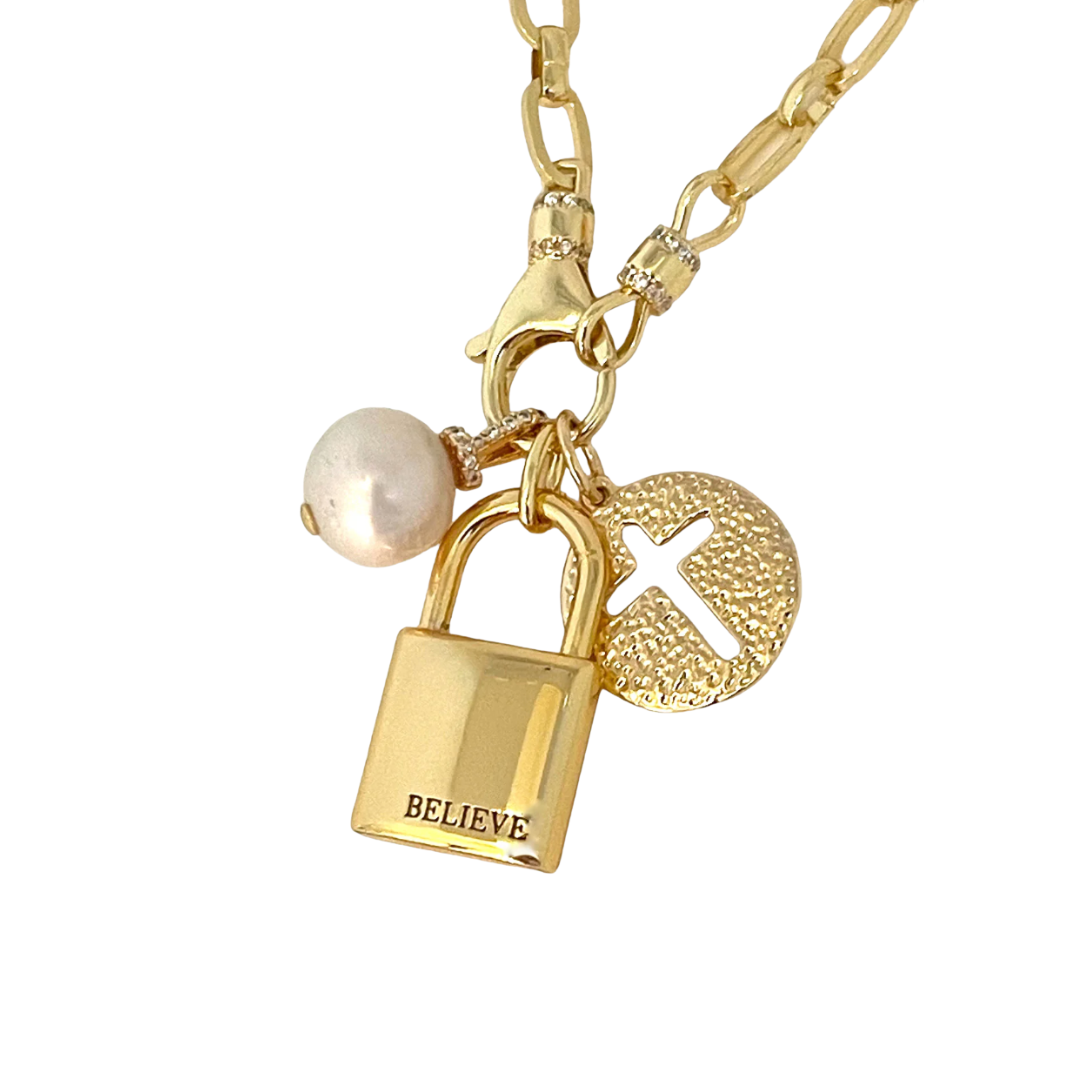 "believe" 14k gold plated lock charm 
