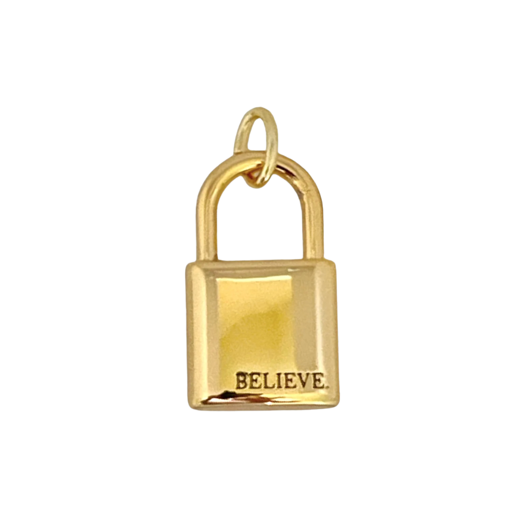 "believe" 14k gold plated lock charm 