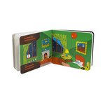 Open book showing a colorful illustration of a room with a red balloon and a dog.
