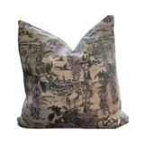 Decorative pillow with a scenic print of floral and toile on a white background