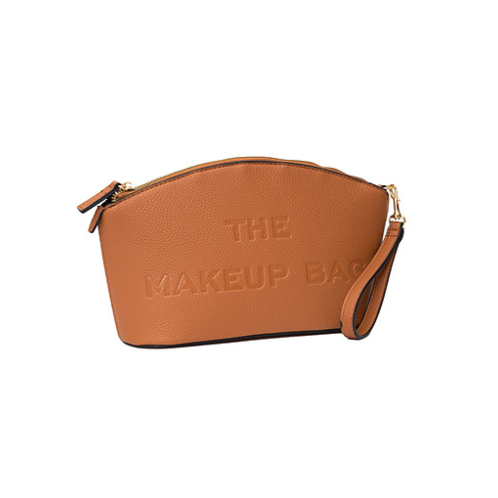Brown makeup bag with 'THE MAKEUP BAG' text on a white background