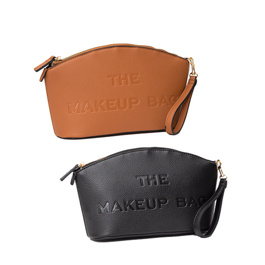 Two makeup bags, one brown and one black, with 'The Makeup Bar' branding on a white background.