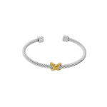 Silver cable bracelet with a gold 'X' charm on a white background