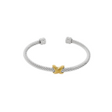 Silver cable bracelet with a gold 'X' charm on a white background