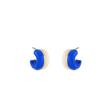 Pair of blue and white hoop earrings on a white background