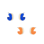 Pair of blue hoop earrings and orange C-shaped earrings on a white background