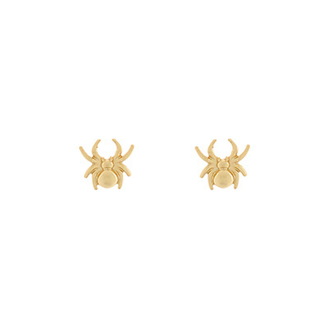 Gold spider-shaped earrings on a white background