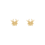 Gold spider-shaped earrings on a white background
