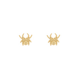 Gold spider-shaped earrings on a white background