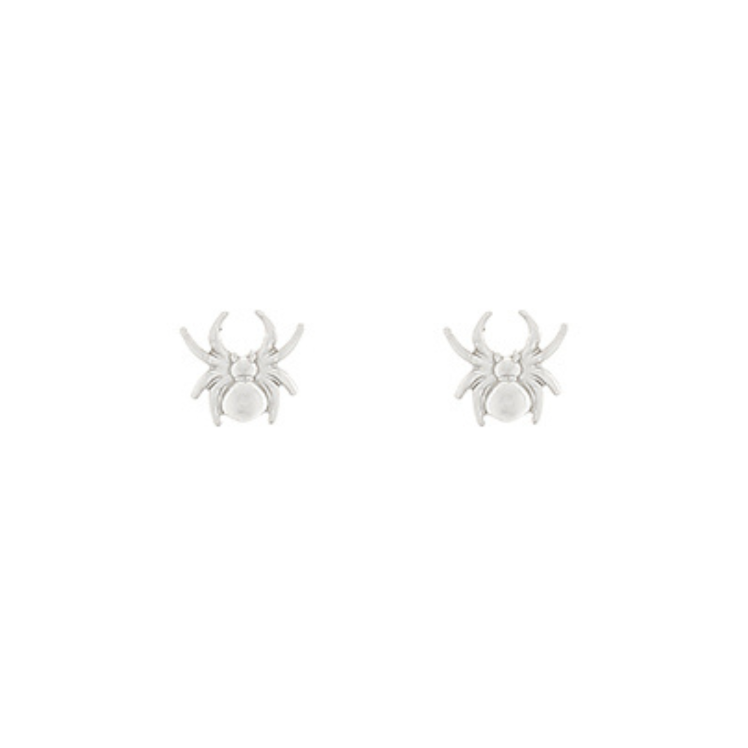 Pair of silver spider earrings on a white background