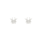 Pair of silver spider earrings on a white background