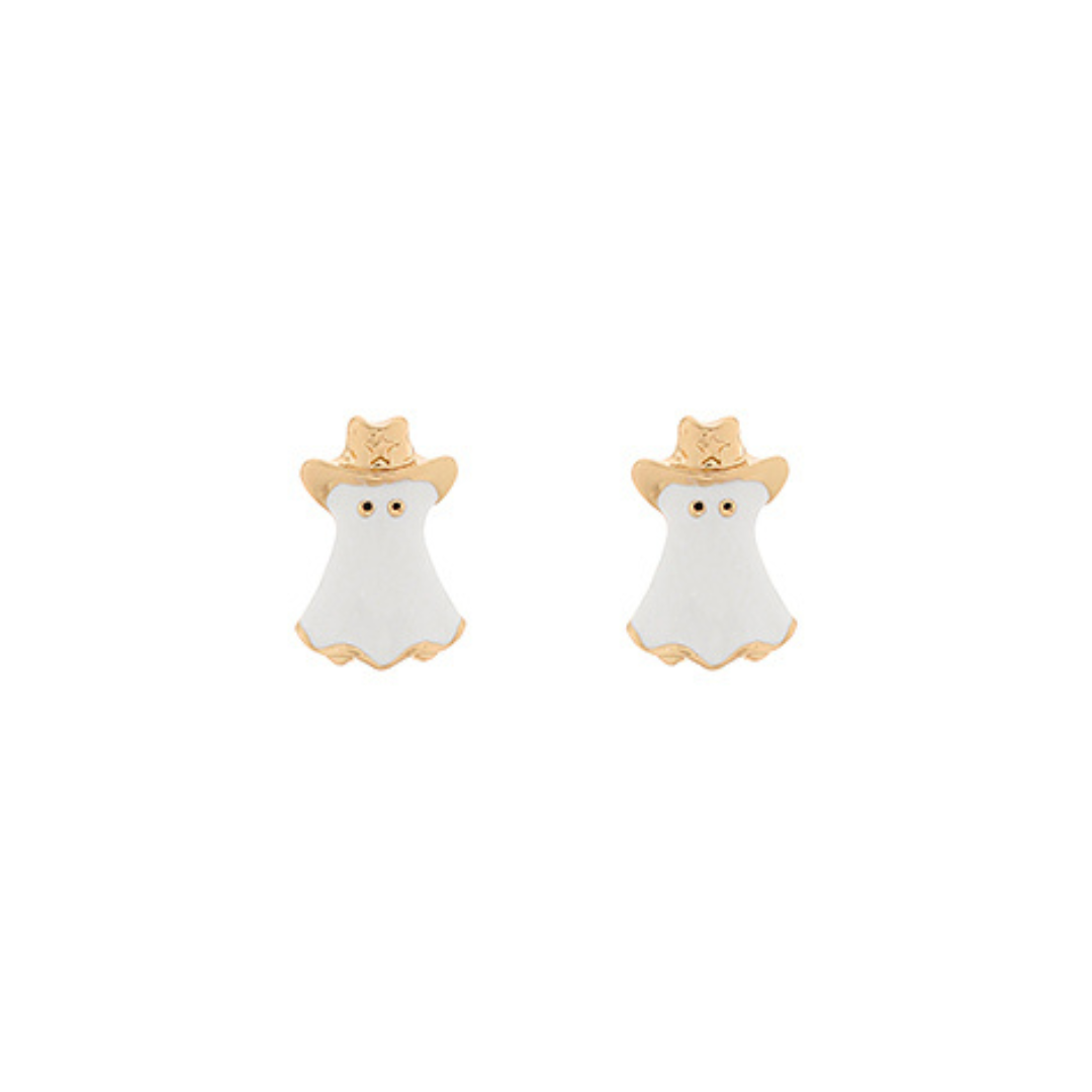 Pair of ghost-shaped earrings with gold crowns on a white background