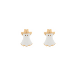 Pair of ghost-shaped earrings with gold crowns on a white background