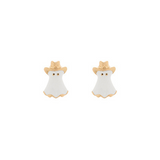 Pair of ghost-shaped earrings with gold crowns on a white background