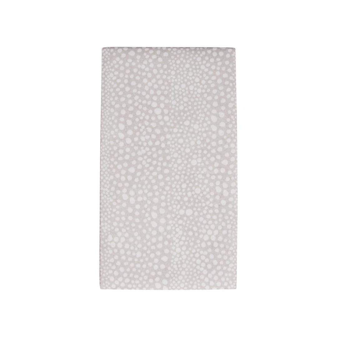 Rectangular gray rug with white polka dot pattern on a white background