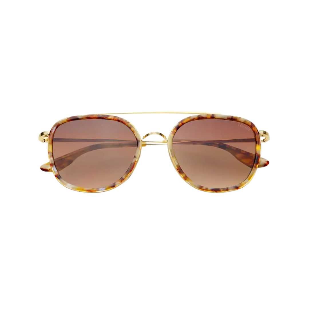 Sunglasses with tortoiseshell frame and brown lenses on a white background